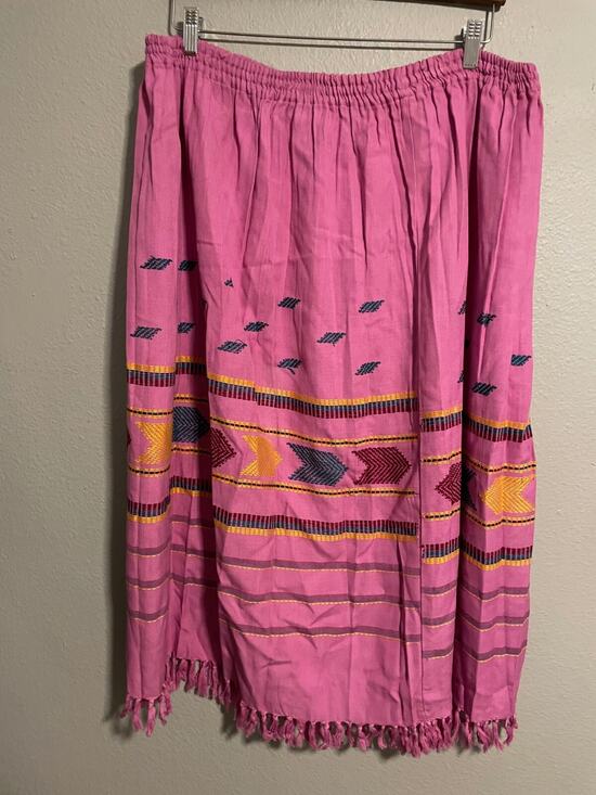Thums Up Dresses & Skirts - Vintage Womens Maxi Skirt Large Pink Aztec Embroidered Fringe Southwestern Boho
